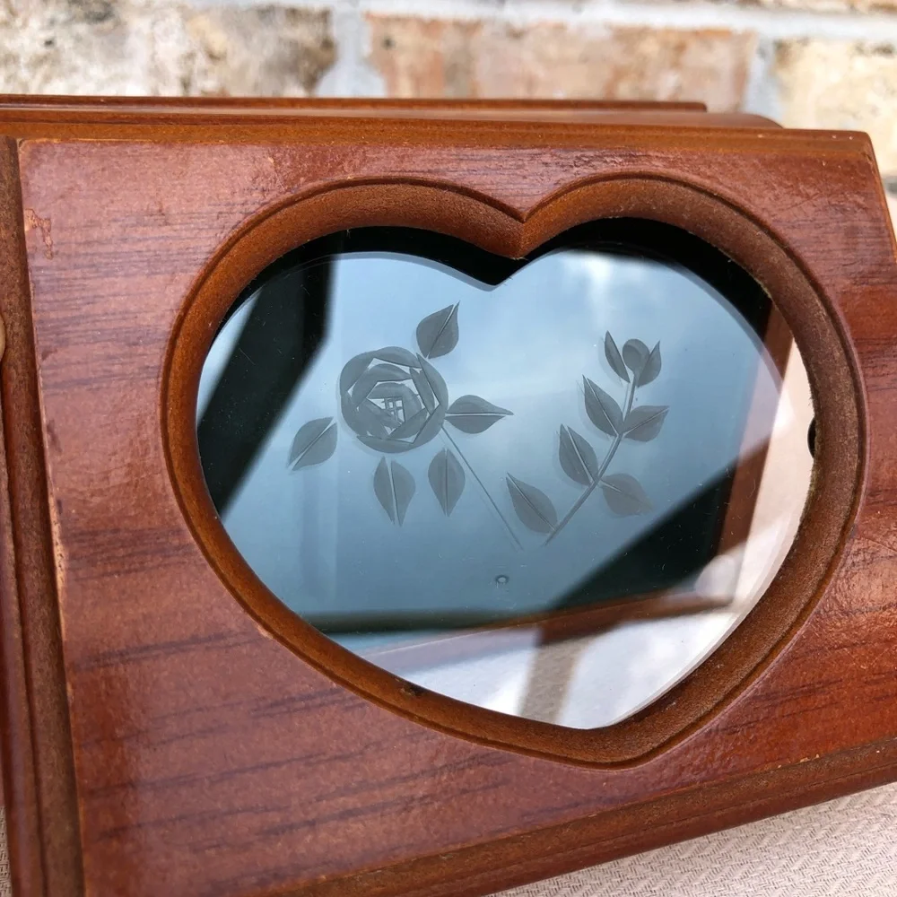 Vintage Solid Wood Small Jewelry Box, Heart Shape Etched Glass Window, Padded